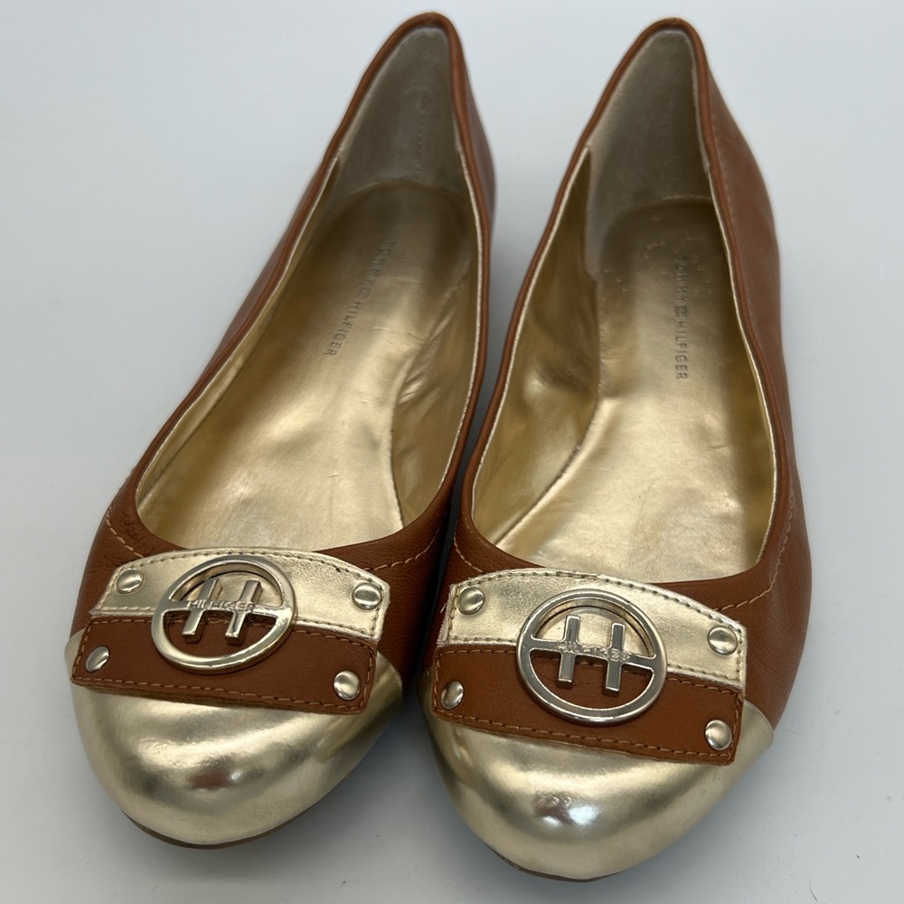 Tommy Hilfiger Tan Leather Flats with Gold Metallic Cap Toe